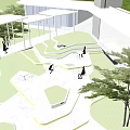 Modern Garden Landscape With Curved Pathways Lawn Seating Areas Trees And Glass Structures