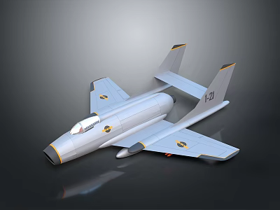 Detailed Silver Gray Model Jet Fighter With Yellow Markings And Reflective Base 3d model