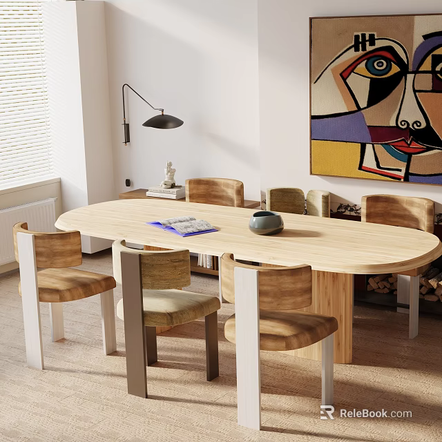 Light Wood Oval Dining Table Set with Six Chairs Abstract Wall Art and Floor Lamp 3d model 