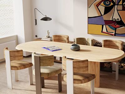 Light Wood Oval Dining Table Set with Six Chairs Abstract Wall Art and Floor Lamp 3d model