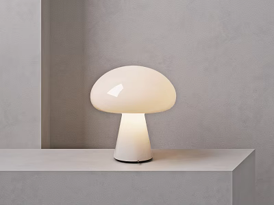 Minimalist White Mushroom Shaped Table Lamp Emitting Soft Light On Grey Surface 3d model