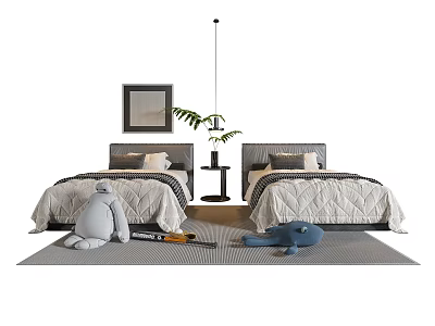 Two Single Beds In Modern Bedroom With Gray Bedding And Stuffed Toys 3d model