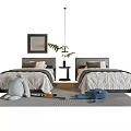 Two Single Beds In Modern Bedroom With Gray Bedding And Stuffed Toys