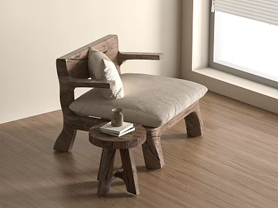 Cozy Wooden Leisure Chair With Light Cushion And Small Side Table Near Window 3d model