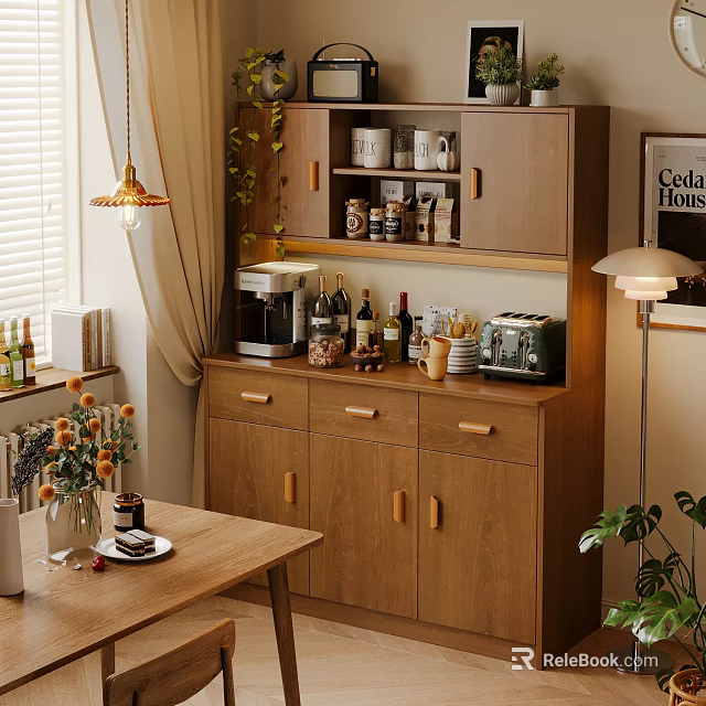 Modern Wooden Sideboard With Mugs Coffee Machine And Wine Bottles In Cozy Home 3d model 