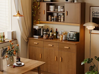 Modern Wooden Sideboard With Mugs Coffee Machine And Wine Bottles In Cozy Home 3d model