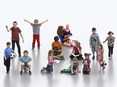 Group of Happy Children Standing and Sitting Playing With Toys Books And Soccer Ball 3d model