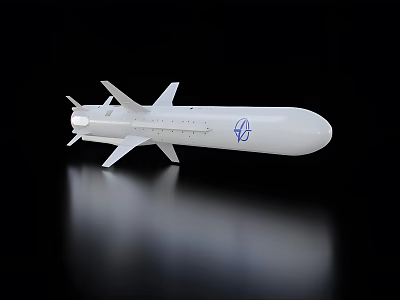 White Weapon Missile Model With Blue Logo Displayed On Black Background 3d model