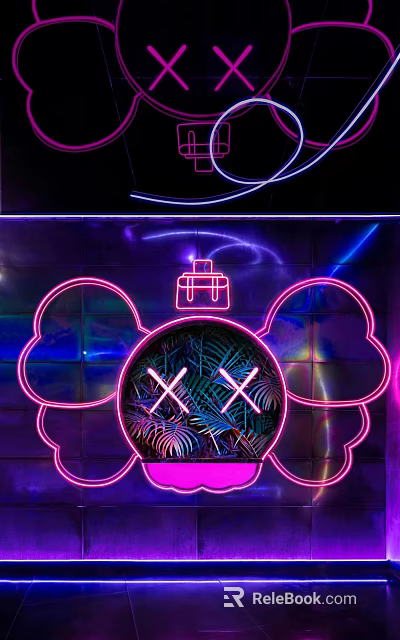 Vibrant Neon Decorative Lights With Cartoon Bear Head Plants And Cross X Design 3d model 