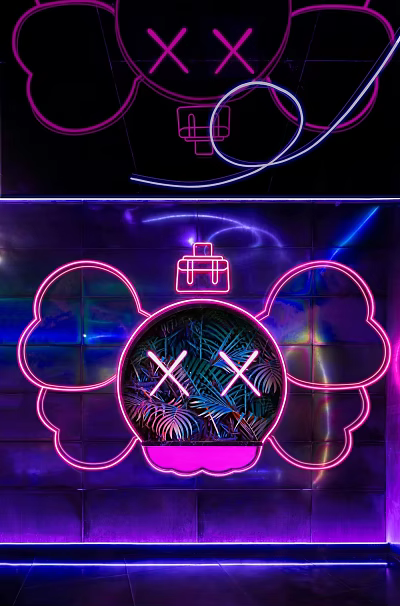 Vibrant Neon Decorative Lights With Cartoon Bear Head Plants And Cross X Design 3d model