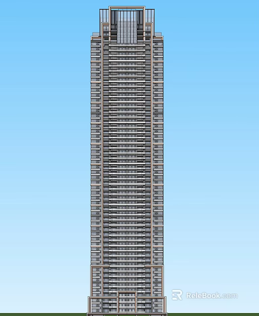 Tall Modern High Rise Building With Multiple Floors And Windows Against Blue Sky 3d model 