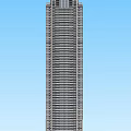 Tall Modern High Rise Building With Multiple Floors And Windows Against Blue Sky