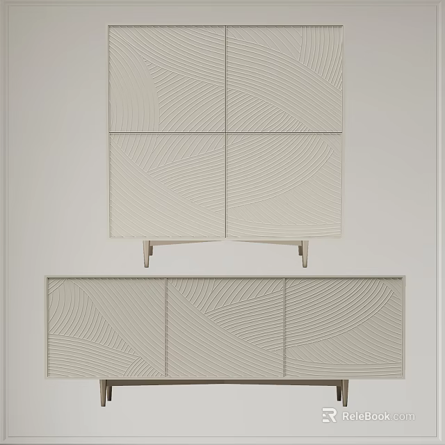 Modern TV Stand With Geometric Pattern Light Color Cabinet Doors And Metal Legs 3d model 