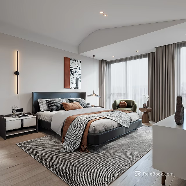 Modern Bedroom Interior Design With Large Bed Accent Chair And Decorative Painting 3d model 