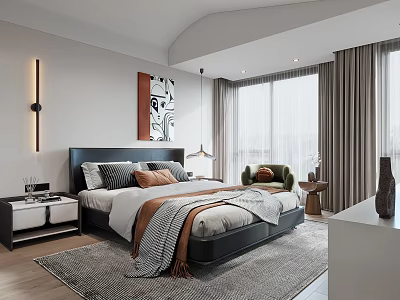 Modern Bedroom Interior Design With Large Bed Accent Chair And Decorative Painting 3d model