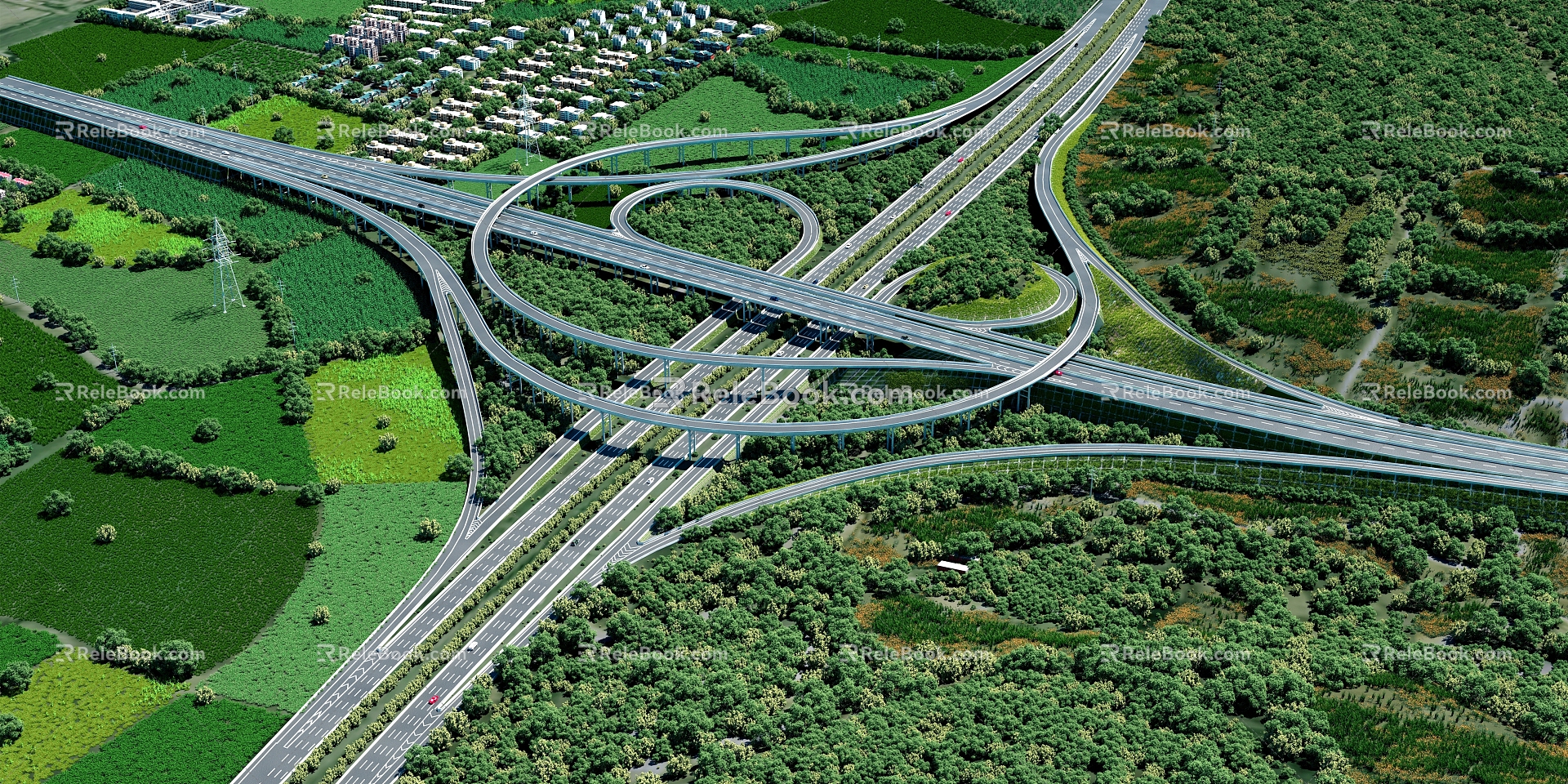 Modern overpass iron gate hub interchange 3d model