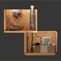Cartoon Style 3D Cutaway Two Story Room With Kitchen Bathroom Living Area And Small Furniture Items
