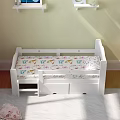 White Children's Bed With Guardrails Floral Mattress Underbed Drawers Pink Curtains And Light Green Walls