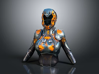 Female Wearing Futuristic Blue And Orange Mechanical Armor With Worn Metallic Texture 3d model