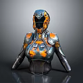 Female Wearing Futuristic Blue And Orange Mechanical Armor With Worn Metallic Texture