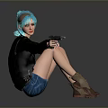Blue haired woman in black leather jacket blue shorts sitting holding phone on gray background