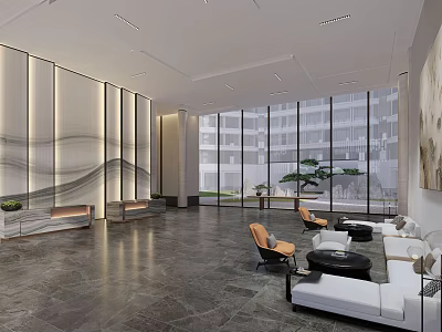 Modern Hotel Lobby Interior Design With Large Windows Sofas And Decorative Artworks 3d model