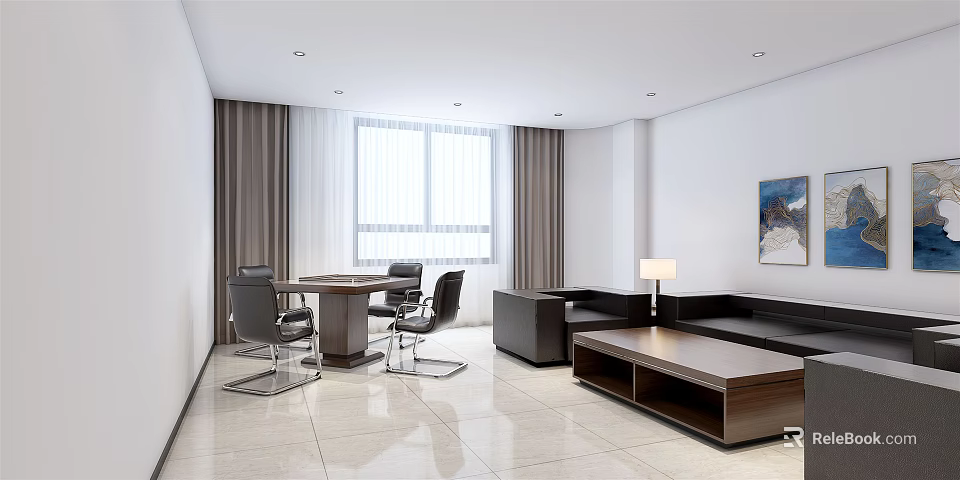 Modern Lounge Area Interior With Sofa Coffee Table Dining Table And Window Curtains 3d model