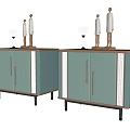 Modern Light Blue Bedside Nightstand With Wooden Top Black Metal Legs And Decorative Hourglass Figurines