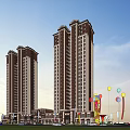 High Rise Residential Commercial Buildings Street View With Shops Cars Flags And Decorative Elements
