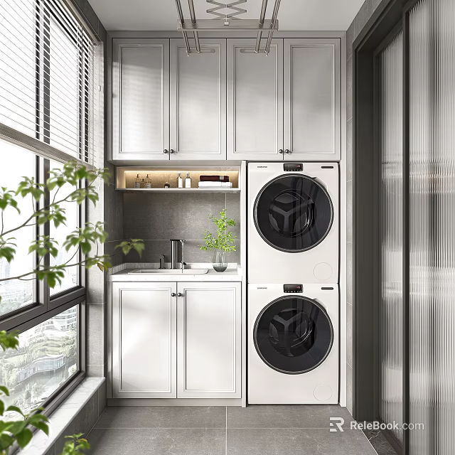 Modern Home Balcony Interior Design With Washing Machine Dryer Cabinets And Green Plants 3d model 