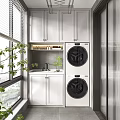 Modern Home Balcony Interior Design With Washing Machine Dryer Cabinets And Green Plants