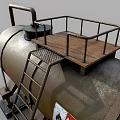 Rusty Metal Industrial Storage Tank With Platform Railing Support Stands And Hazardous Labels