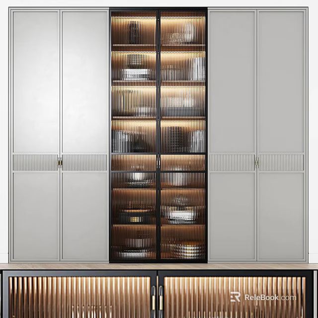 Modern Minimalist Storage Cabinet Shelf With Light Gray Panels Black Frame And Glass Display Shelves 3d model 