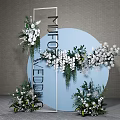 White Green Wedding Flowers Decorating Light Blue Backdrop With White Frame For Elegant Wedding Setup 3d model