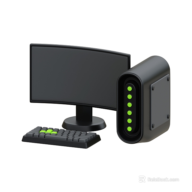 Curved Computer Monitor And Keyboard With Green Keys External Drive Device 3d model 
