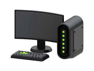 Curved Computer Monitor And Keyboard With Green Keys External Drive Device 3d model