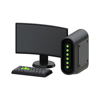 Curved Computer Monitor And Keyboard With Green Keys External Drive Device 3d model