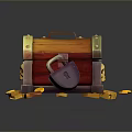 Decorative Wooden Treasure Chest With Purple Lock Gold Coins And Skull