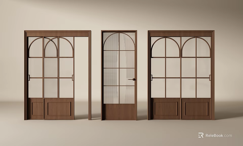 Wooden Sliding Doors With Arched Glass Panels And Vertical Bars For Home Interior Design 3d model 