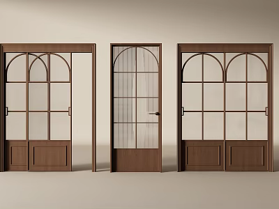 Wooden Sliding Doors With Arched Glass Panels And Vertical Bars For Home Interior Design 3d model
