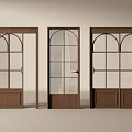 Wooden Sliding Doors With Arched Glass Panels And Vertical Bars For Home Interior Design