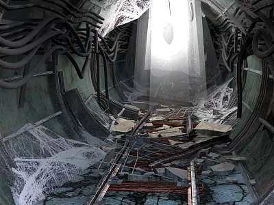 Cartoon Scene of Abandoned Tunnel Featuring Cobwebs Pipes Rail Tracks Debris and Light from Above 3d model