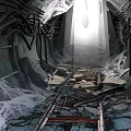 Cartoon Scene of Abandoned Tunnel Featuring Cobwebs Pipes Rail Tracks Debris and Light from Above