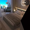 Modern Double Bed with White Pillows and Gray Blanket in Bedroom with City View Window and Round Decor Lamp