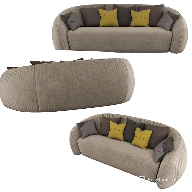 Multi-seater Gray Fabric Sofa With Round Shape And Yellow Dark Gray Pillows 3d model