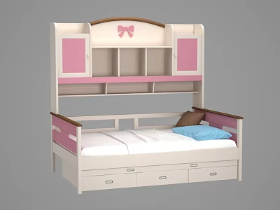 Pink and White Kids Bed with Bow Accent Storage Shelves and Underbed Drawers 3d model