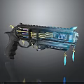 Futuristic Sci Fi Pistol With Blue Purple Accents Gold Details And Crystal Pendants