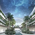 Modern Hotel Building Night View With Tall Structure Circular Arches Fountain Palm Trees And Garden
