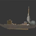 Ancient Wooden Platform With Boat Barrels Jars And Tools Setup 3d model