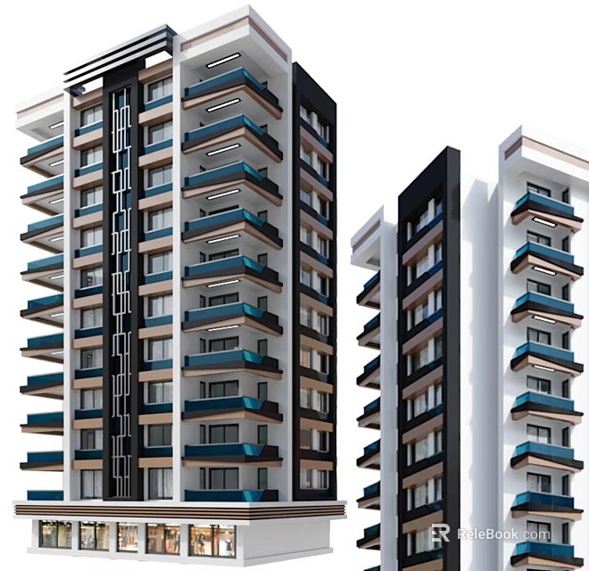 Modern High Rise Residential Building Exterior With Black White Facade And Blue Balconies 3d model 